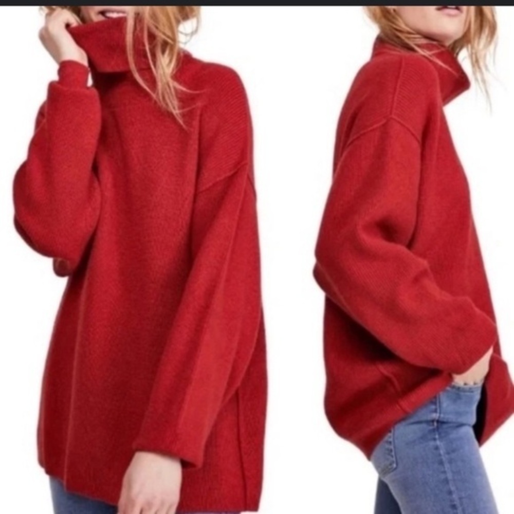 Free People Softly Structured Knit Turtleneck Sweater in Brick Red, Size M